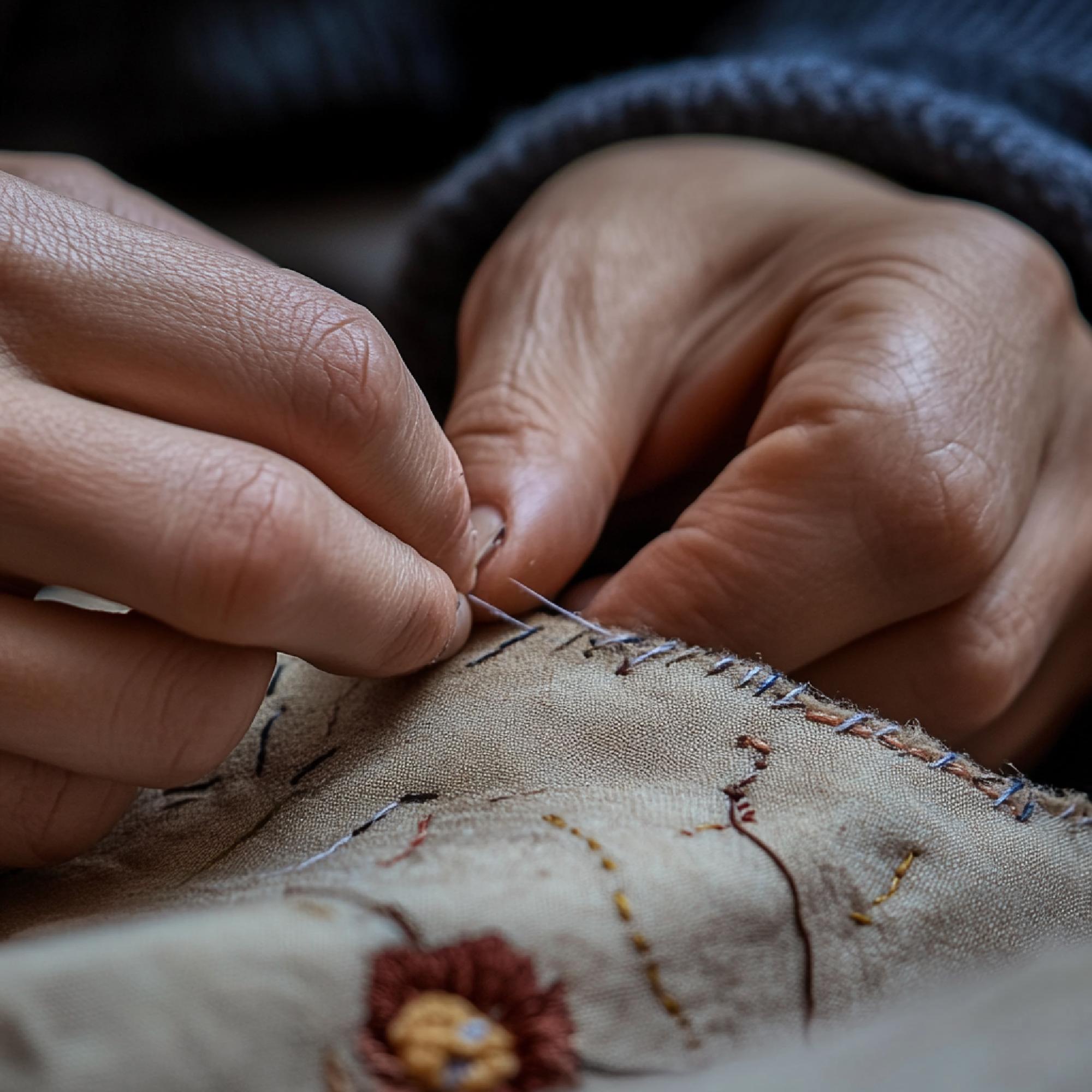 artisan stitching close-up on linen